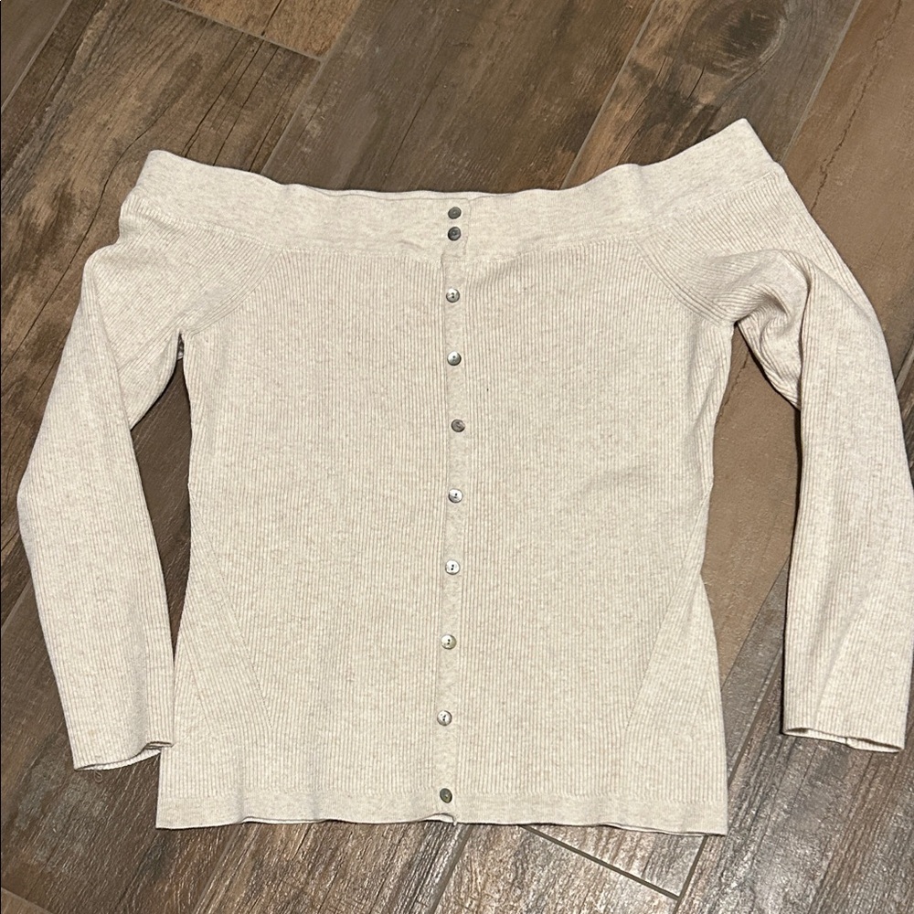 Off-Shoulder Boston Proper Button-Front Ribbed Sw… - image 1